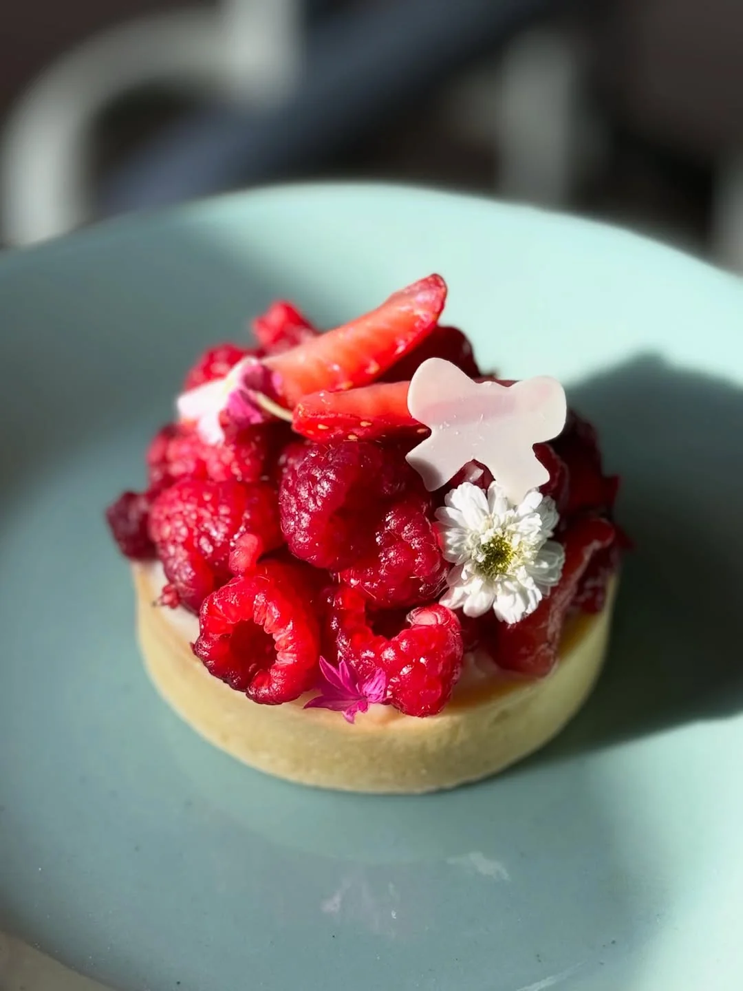 Tartelette aux Fruits Rouges — vanilla diplomat tart with raspberry, strawberry and edible chrysanthemum